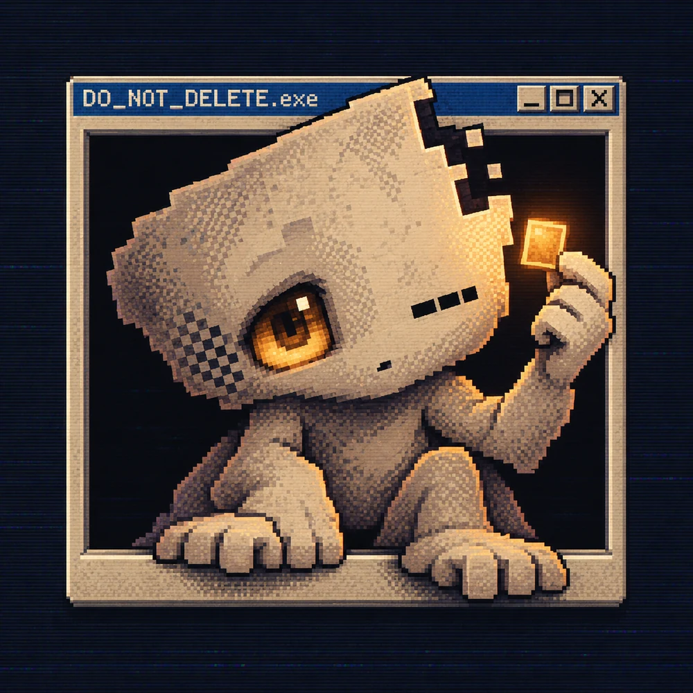 LOSTBYTE, a small creature with a damaged floppy-disk-shaped head and one amber eye, holding a glowing fragment inside an old computer window.